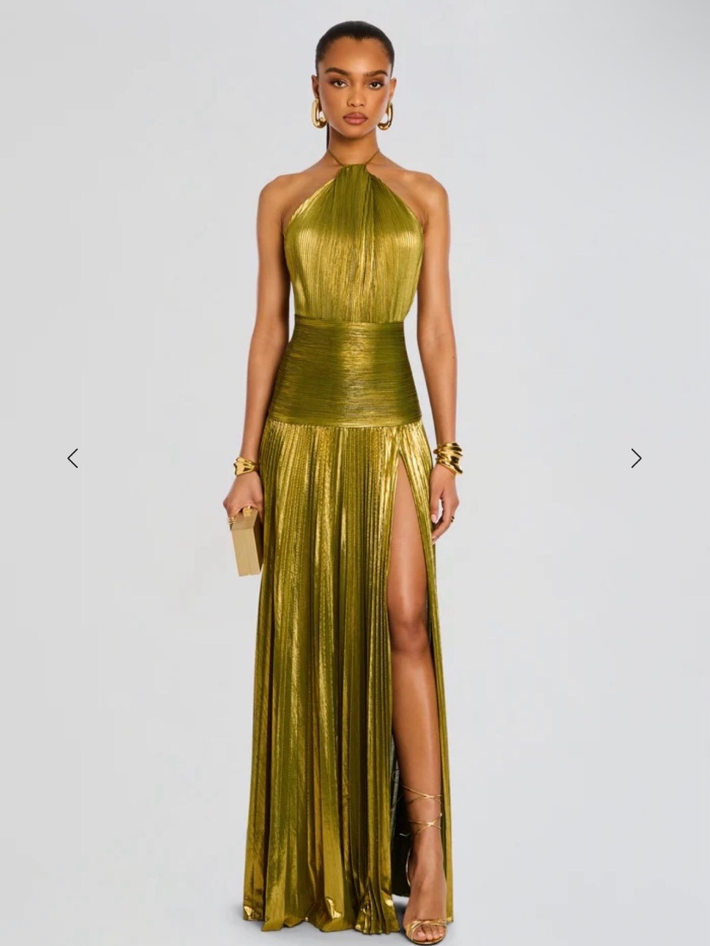 Retrofete Metallic Gold Halter Maxi Gown with High Slit